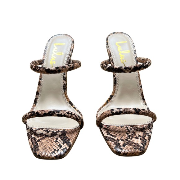 Lulus Theyaa Tan Snake-Embossed Square-Toe High Heel Sandals Size 9‎ - Picture 8 of 8